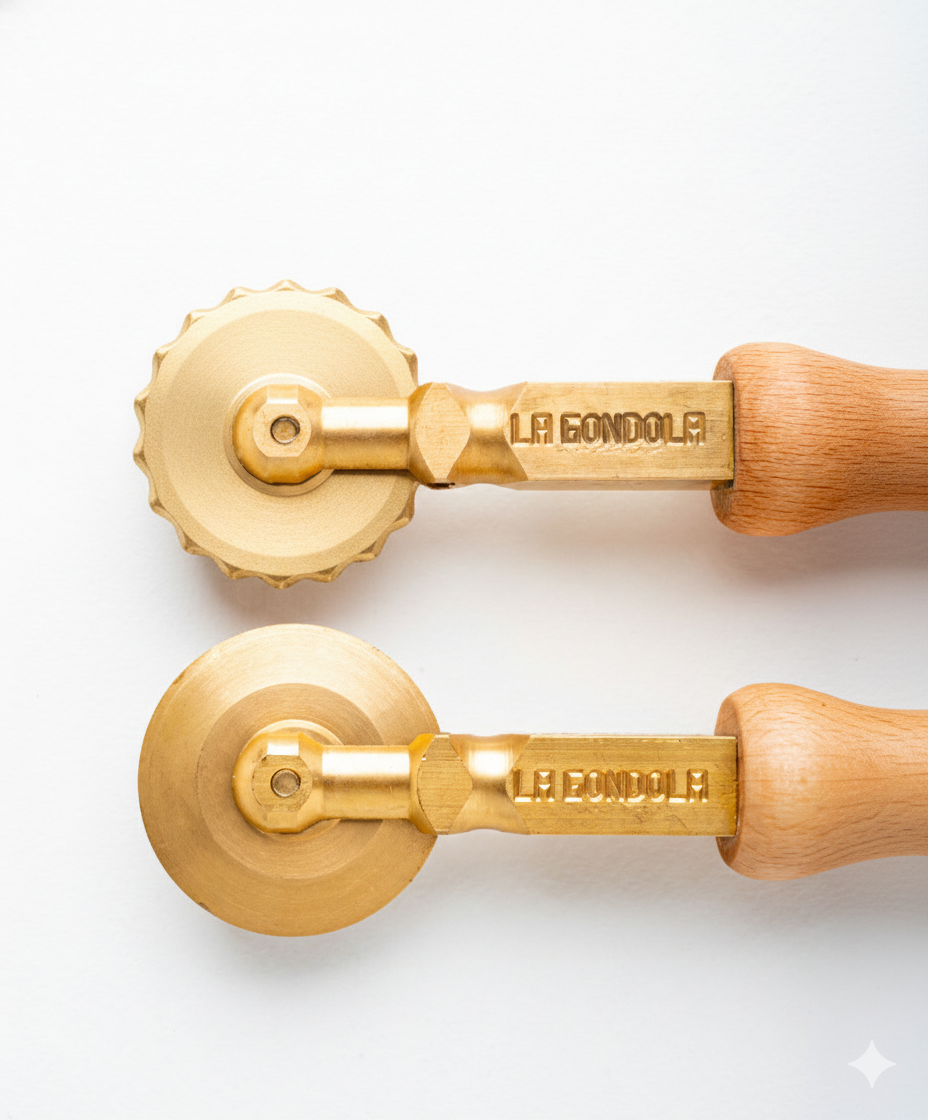 Professional Pasta Cutter Wheel, Ravioli Cutter, Timeless Natural Wood Handle and Durable Brass Head (Set of 1 Crimped Wheel and 1 Smooth Wheel) - RINO