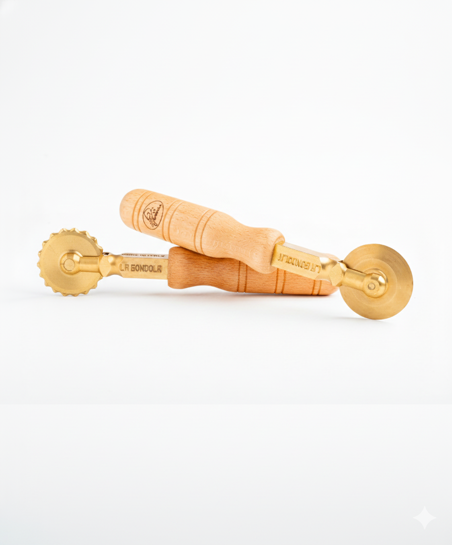 Professional Pasta Cutter Wheel, Ravioli Cutter, Timeless Natural Wood Handle and Durable Brass Head (Set of 1 Crimped Wheel and 1 Smooth Wheel) - RINO