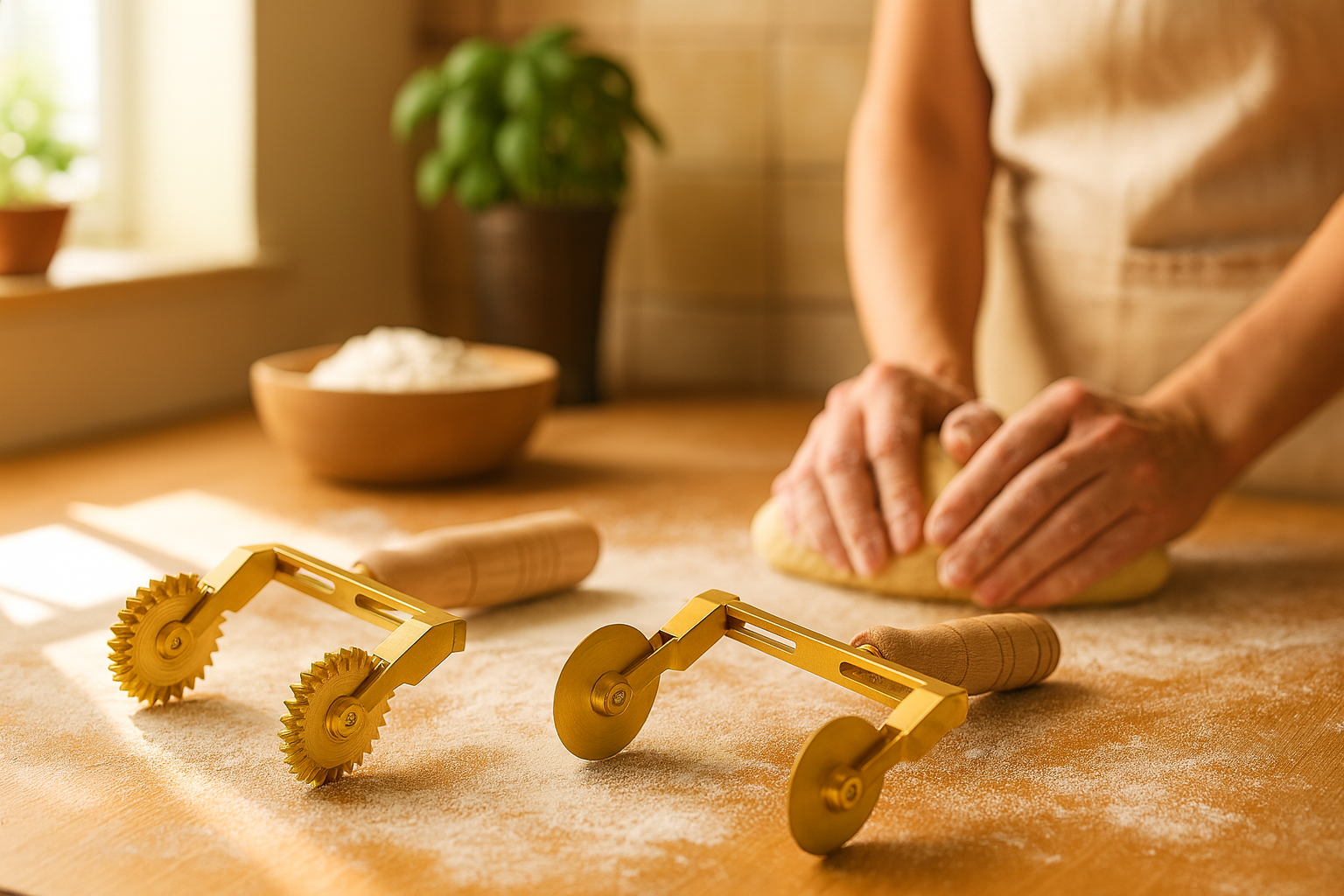 Professional Pasta Cutter Wheel, Ravioli Cutter, Timeless Natural Wood Handle and Durable Brass Head (Set of 2 Double Adjustable Festooned /Smooth Pasta Cutter Wheel) - ALDO