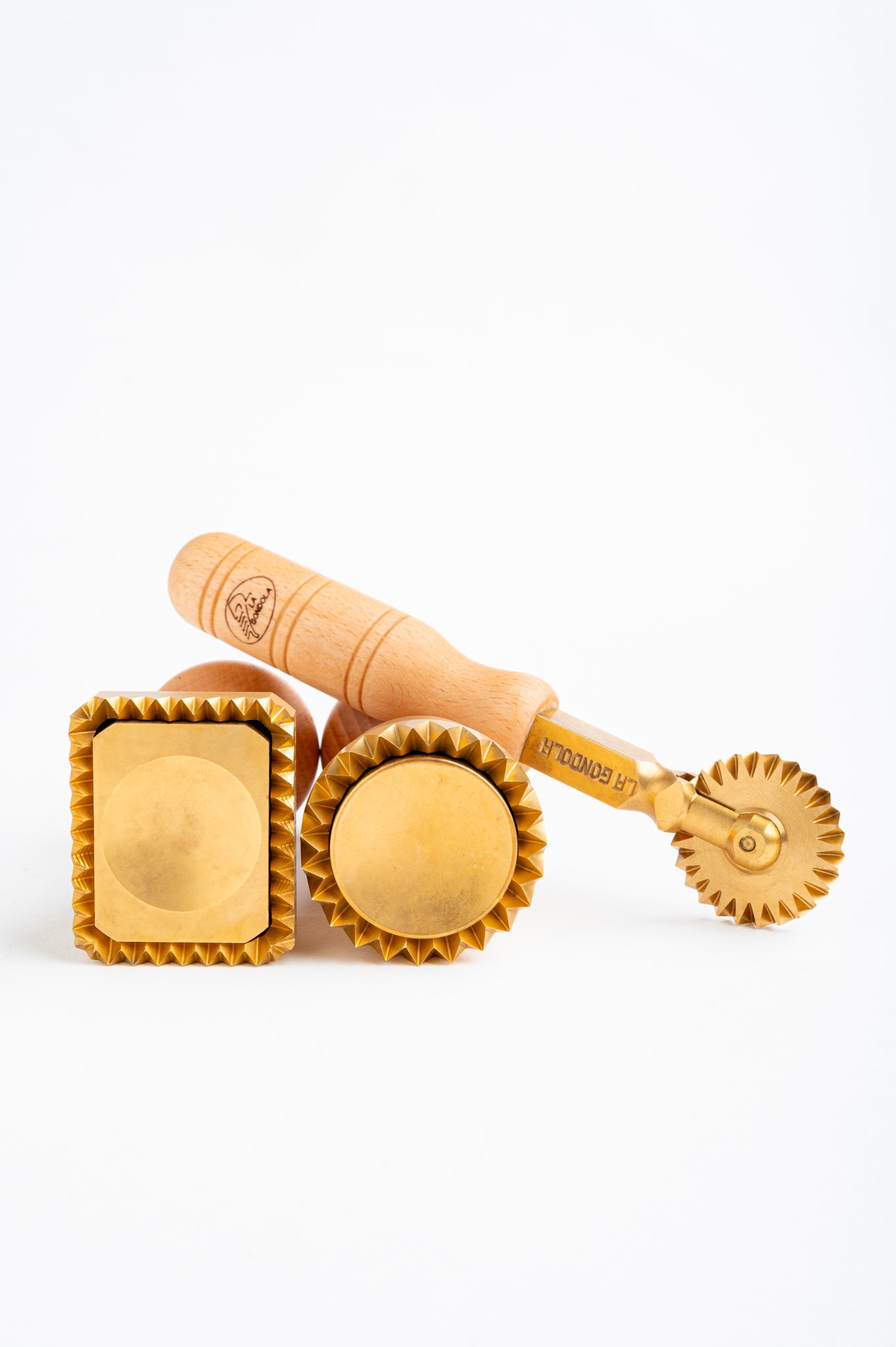 Professional set of two pasta and ravioli stamps: 1 Rectangle (45×55) and 1 Fluted Round (diam. 50mm); and one pasta and ravioli fluted cutter.