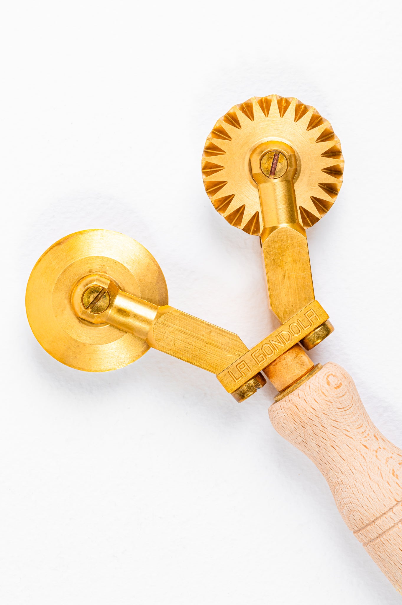 Professional Double Pasta Cutter Wheel, 2 Separate Blades, 1 Festooned and 1 Smooth in Durable Brass and Natural Wood - ALFREDO