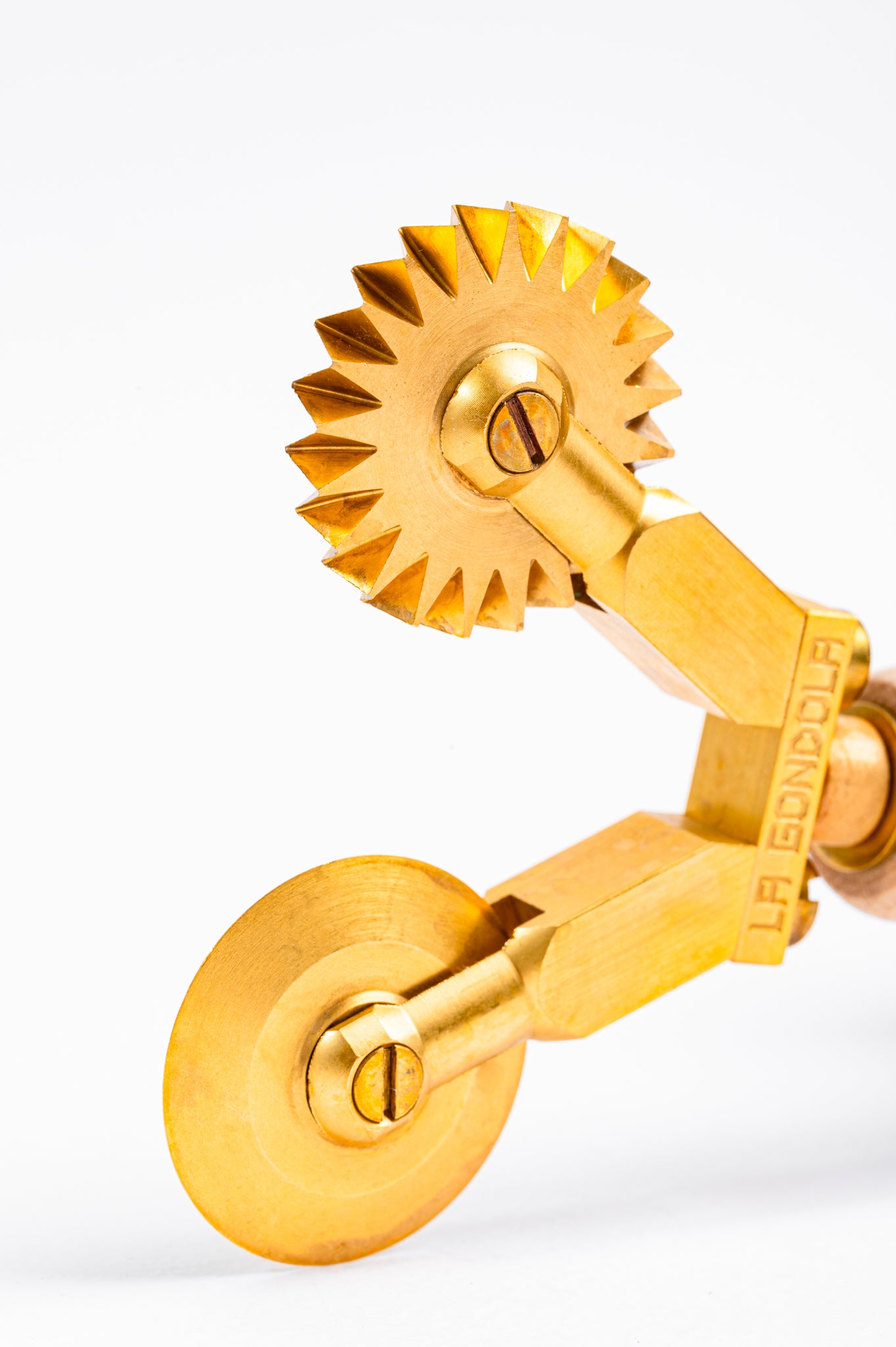 Professional Double Pasta Cutter Wheel, 2 Separate Blades, 1 Festooned and 1 Smooth in Durable Brass and Natural Wood - ALFREDO