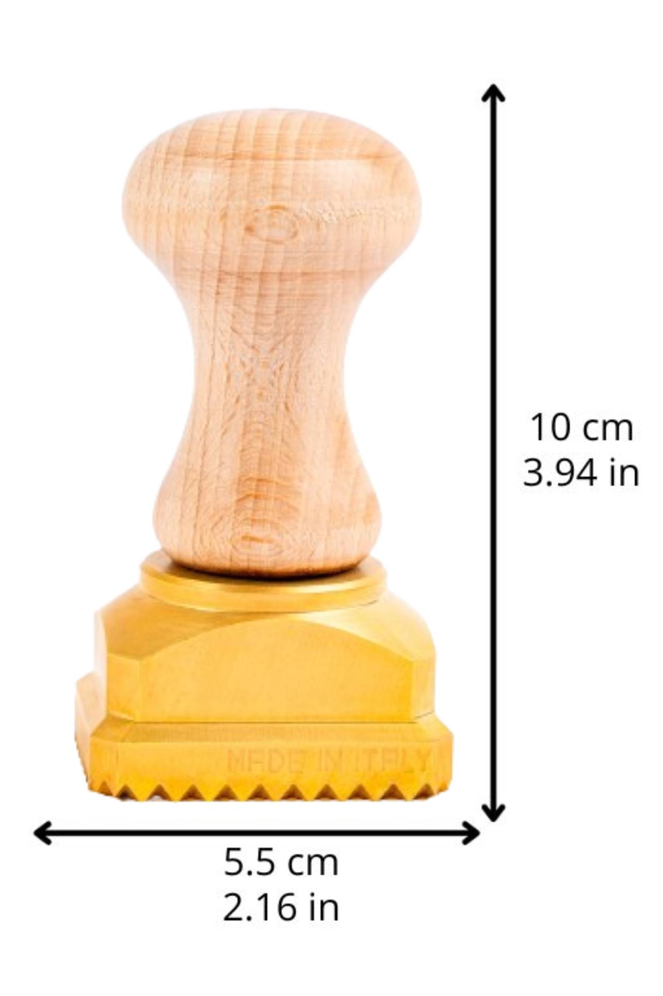 Professional Ravioli & Tortelli Fluted Rectangle (45×55) Stamp in Brass and Natural wood.