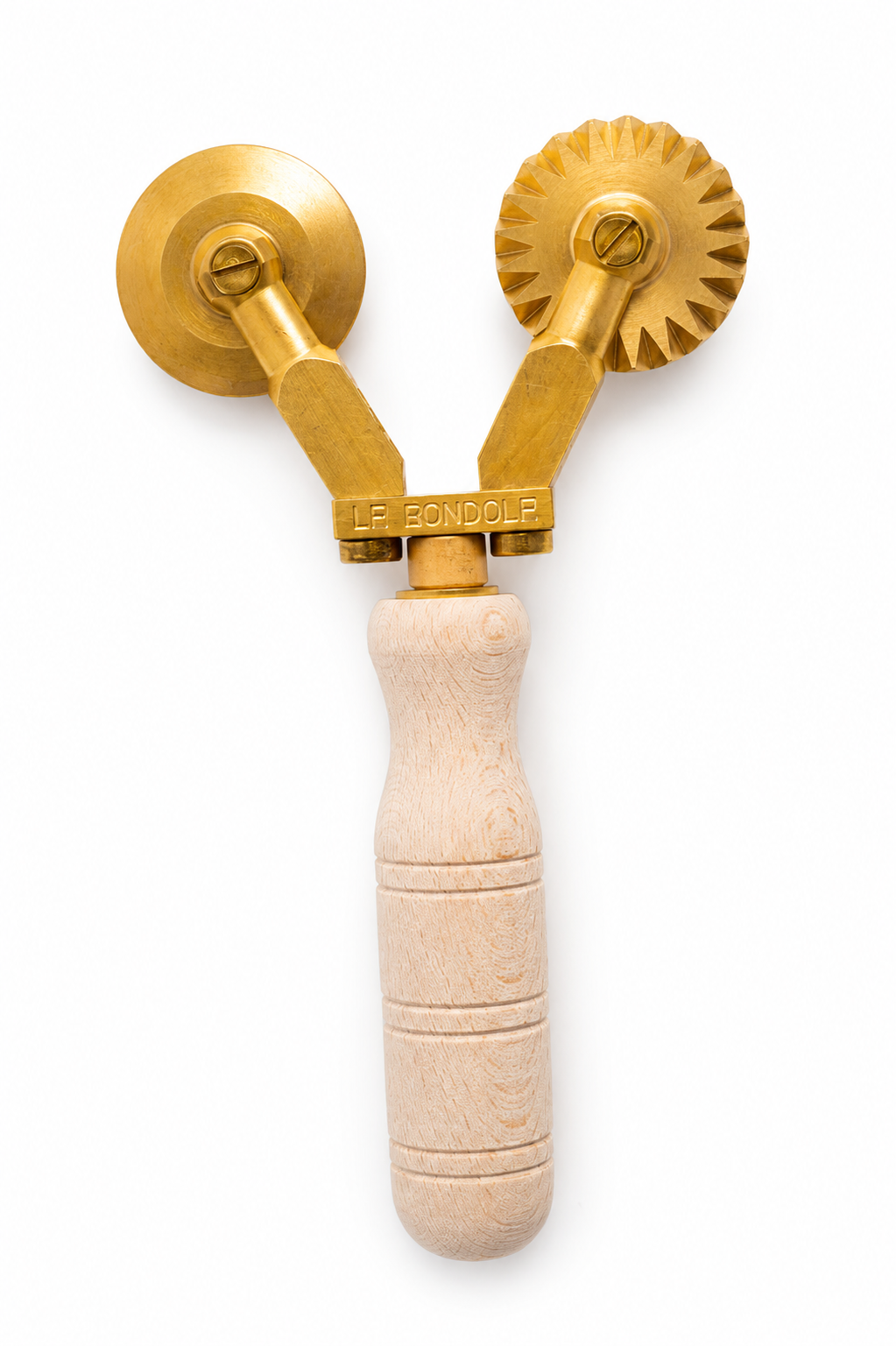 Professionelles Doppel-Nudelschneiderrad, 2 separate Klingen, 1 mit Feston und 1 glatt aus robustem Messing und Naturholz - ALFREDO