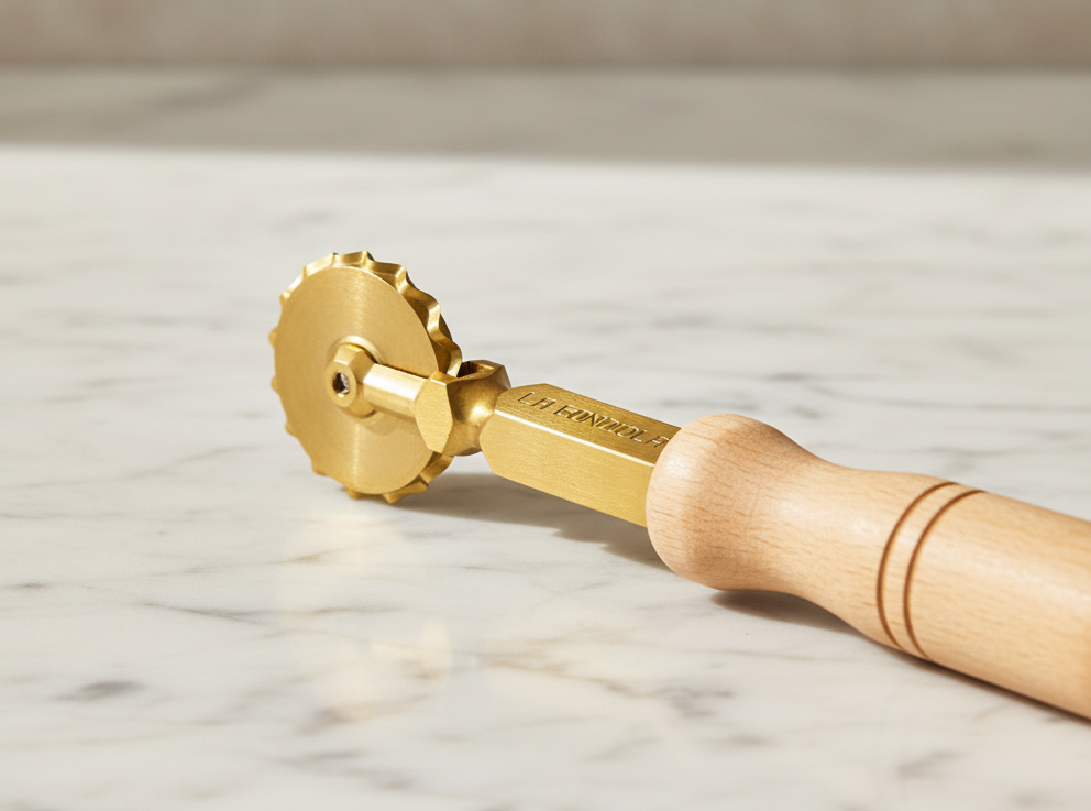 Professional Crimped Pasta Cutter Wheel, in Durable Brass and Natural Wood - TANO