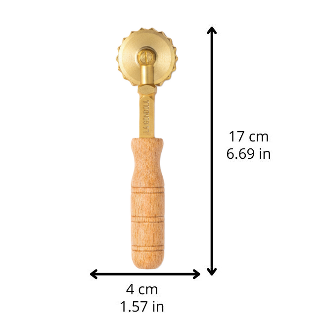Professional Crimped Pasta Cutter Wheel, in Durable Brass and Natural Wood - TANO