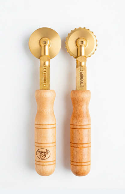 Professional Pasta Cutter Wheel, Ravioli Cutter, Timeless Natural Wood Handle and Durable Brass Head (Set of 1 Crimped Wheel and 1 Smooth Wheel) - RINO