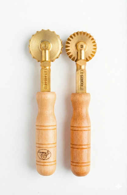 Professional Pasta Cutter Wheel, Ravioli Cutter, Timeless Natural Wood Handle and Durable Brass Head (Set of 1 Festooned Wheel and 1 Crimped Wheel) - PINO