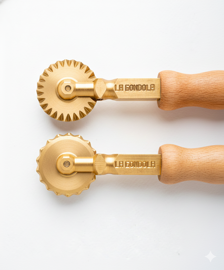 Professional Pasta Cutter Wheel, Ravioli Cutter, Timeless Natural Wood Handle and Durable Brass Head (Set of 1 Festooned Wheel and 1 Crimped Wheel) - PINO