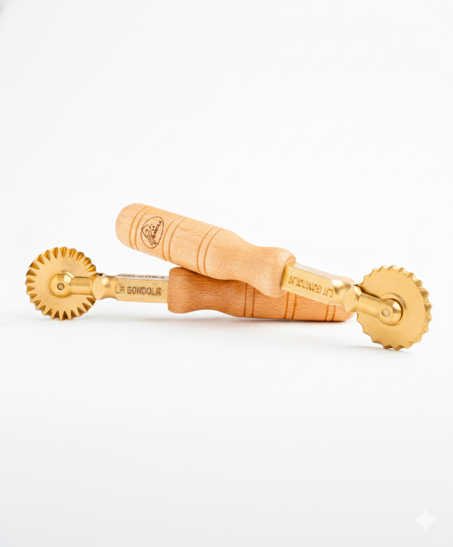 Professional Pasta Cutter Wheel, Ravioli Cutter, Timeless Natural Wood Handle and Durable Brass Head (Set of 1 Festooned Wheel and 1 Crimped Wheel) - PINO