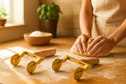 Professional Pasta Cutter Wheel, Ravioli Cutter, Timeless Natural Wood Handle and Durable Brass Head (Set of 2  Double Adjustable Festooned /Smooth Pasta Cutter Wheel) - ALDO