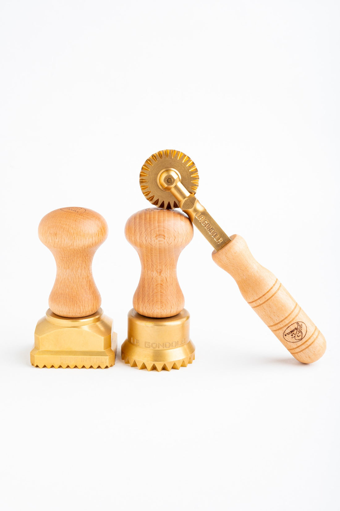 Professional set of two pasta and ravioli stamps: 1 Rectangle (45×55) and 1 Fluted Round (diam. 50mm); and one pasta and ravioli fluted cutter.