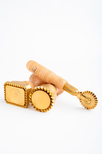 Professional set of two pasta and ravioli stamps: 1 Rectangle (45×55) and 1 Fluted Round (diam. 50mm); and one pasta and ravioli fluted cutter.
