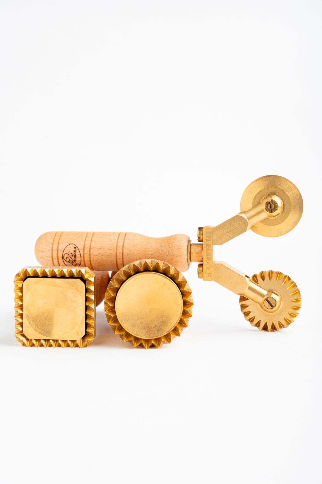 LaGondola Bundle : 1 Square Ravioli Stamp 45x45, 1 Round Tortelli Stamp 50 mm and 1 Double Combined Pasta Cutter Festooned in Brass and Natural Wood - ROSA