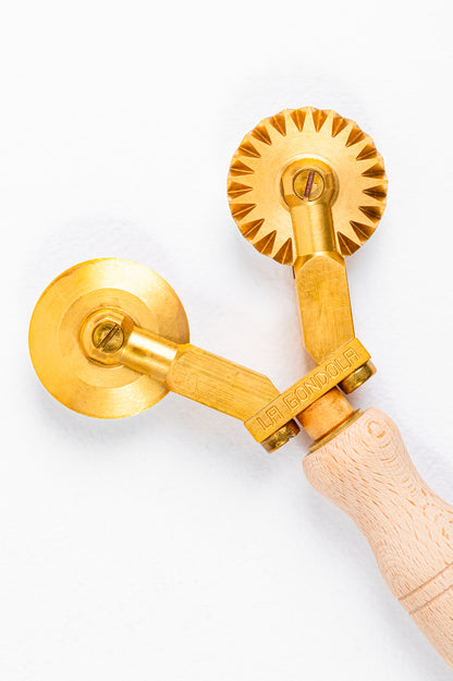 Professional Double Pasta Cutter Wheel, 2 Separate Blades, 1 Festooned and 1 Smooth in Durable Brass and Natural Wood - ALFREDO