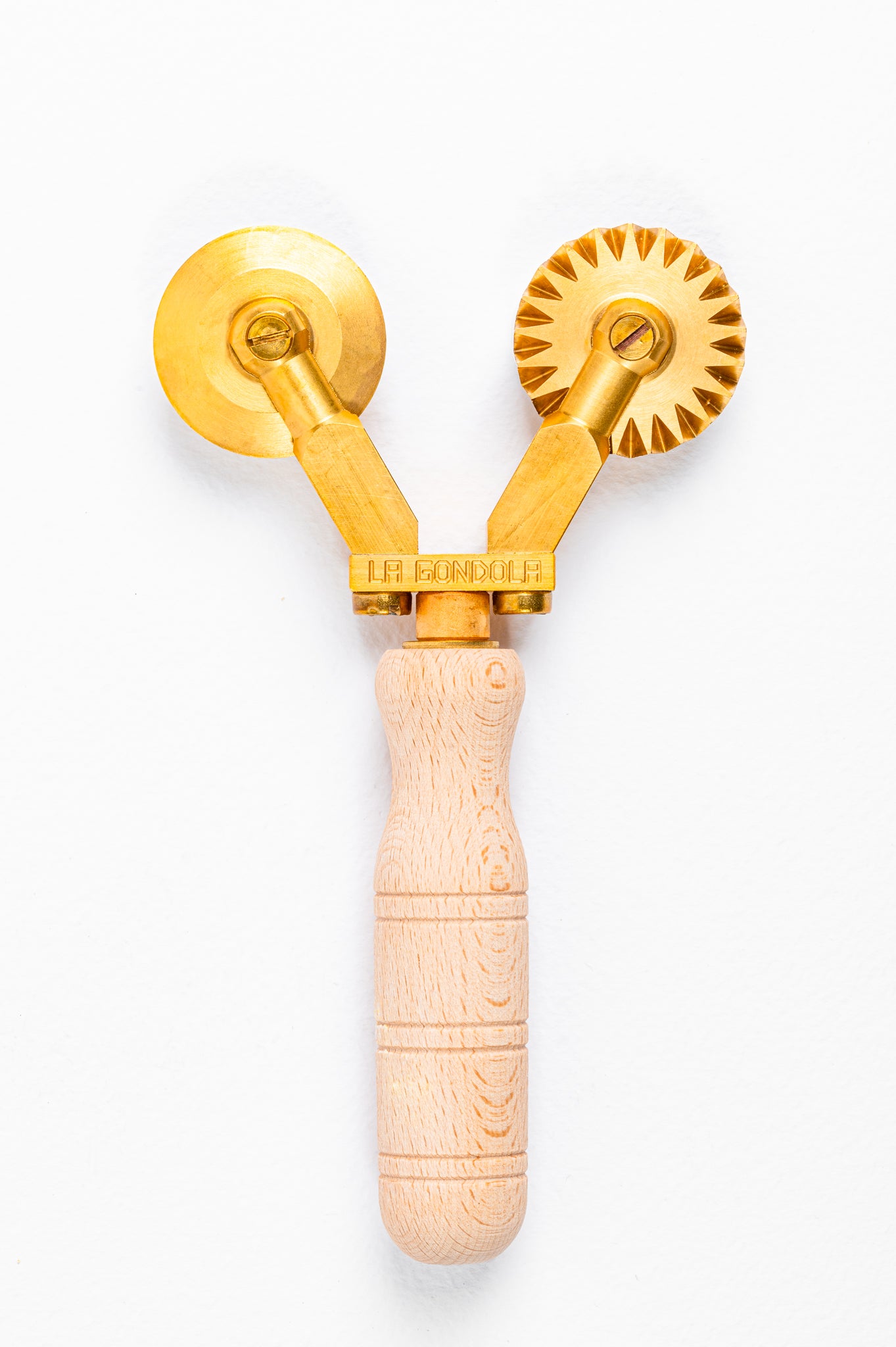 Professional Double Pasta Cutter Wheel, 2 Separate Blades, 1 Festooned and 1 Smooth in Durable Brass and Natural Wood - ALFREDO