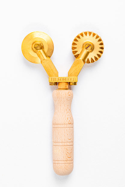 Professional Double Pasta Cutter Wheel, 2 Separate Blades, 1 Festooned and 1 Smooth in Durable Brass and Natural Wood - ALFREDO