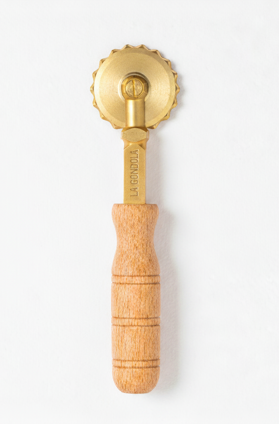 Professional Crimped Pasta Cutter Wheel, in Durable Brass and Natural Wood - TANO