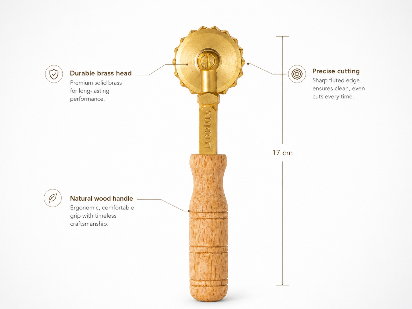 Professional Crimped Pasta Cutter Wheel, in Durable Brass and Natural Wood - TANO