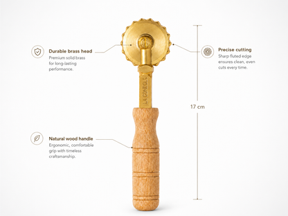 Professional Crimped Pasta Cutter Wheel, in Durable Brass and Natural Wood - TANO