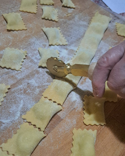 Professional Crimped Pasta Cutter Wheel, in Durable Brass and Natural Wood - TANO