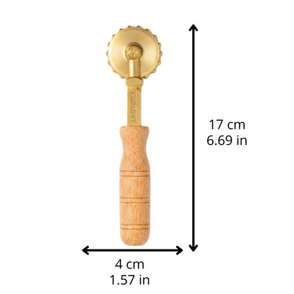 Professional Crimped Pasta Cutter Wheel, in Durable Brass and Natural Wood - TANO