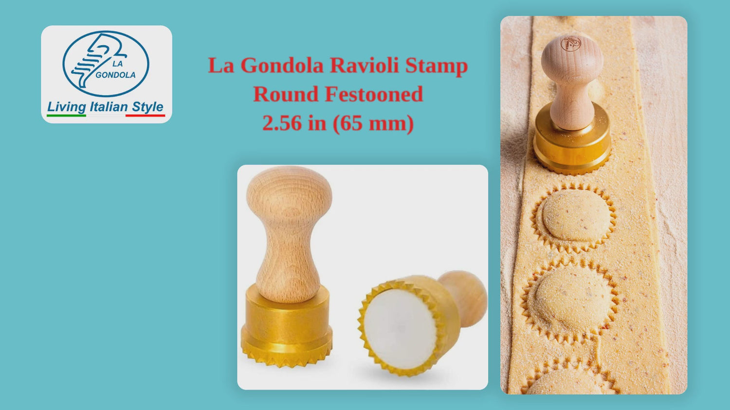Professional Ravioli and Pasta MEGA ROUND Stamp (diam. 65mm) in Brass and Natural Wood - NORA