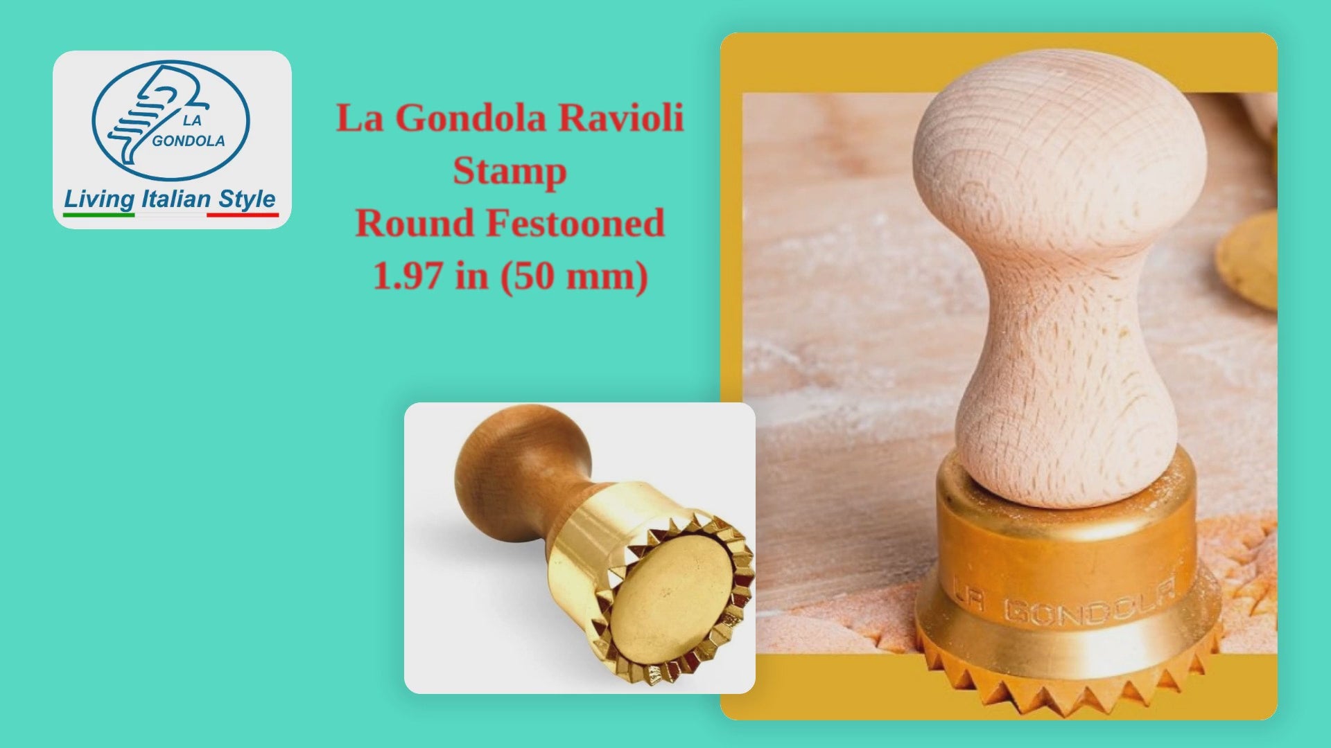 Professional Ravioli and Pasta FLUTED ROUND Stamp (diam. 50mm) in Brass and Natural Wood - DORA